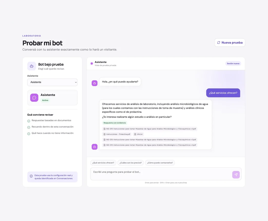 Panel de Certeza AI para probar un asistente conversacional